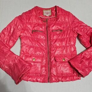 Pink Envelope Puffer Jacket Full Zip Pockets Quilted Round Neck Womens Size M‎